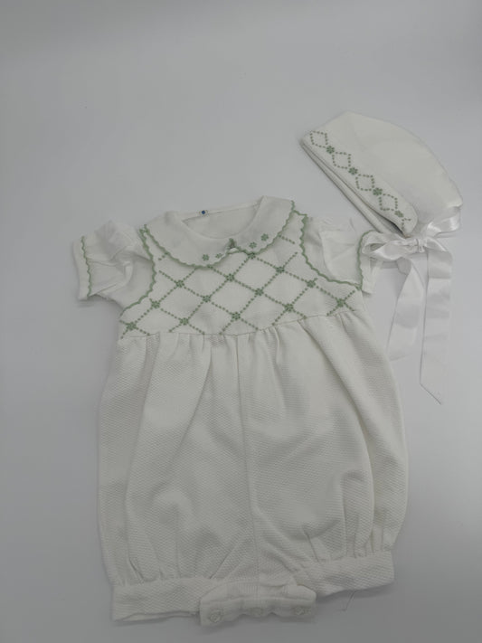 Green Embroidered Bubble with Blouse and Bonnet